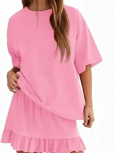 Yousify Women's 2 Piece Skirt Set Summer Vacation Outfits Short Sleeve Crewneck Top & Casual Mini Skirt for Easy Styling Loungewear Womenswear