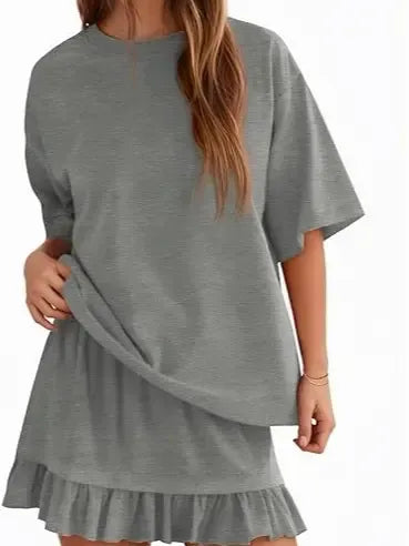 Yousify Women's 2 Piece Skirt Set Summer Vacation Outfits Short Sleeve Crewneck Top & Casual Mini Skirt for Easy Styling Loungewear Womenswear