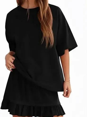 Yousify Women's 2 Piece Skirt Set Summer Vacation Outfits Short Sleeve Crewneck Top & Casual Mini Skirt for Easy Styling Loungewear Womenswear
