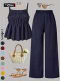 Two-Piece Set Women's Solid Color Cami Top & Wide Leg Pants Set, Street Fashion Casual Outfits for Daily Outdoor Wear, Ladies Clothes for All Seasons