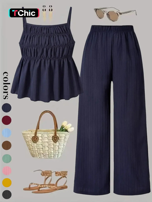 Two-Piece Set Women's Solid Color Cami Top & Wide Leg Pants Set, Street Fashion Casual Outfits for Daily Outdoor Wear, Ladies Clothes for All Seasons