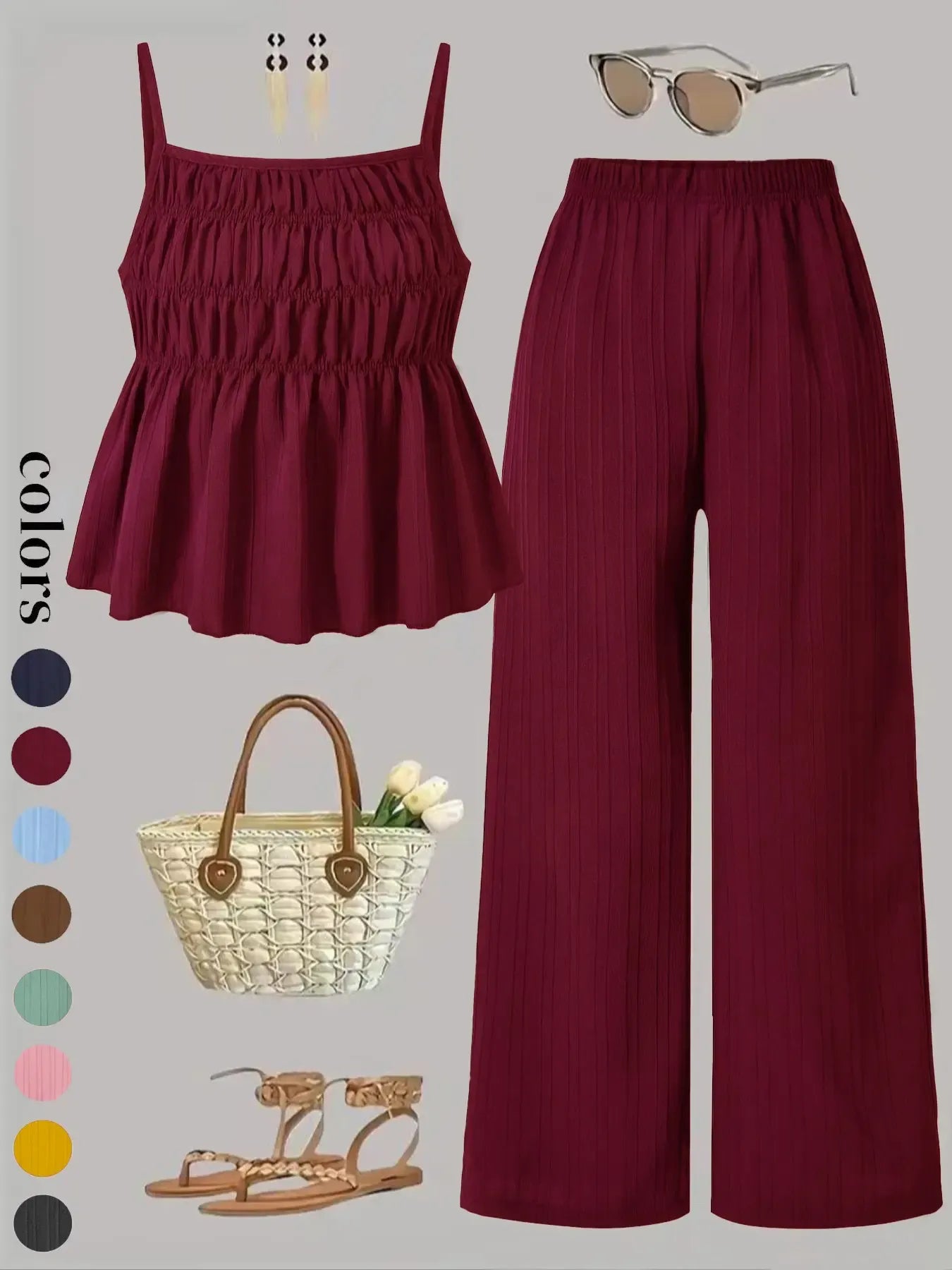 Two-Piece Set Women's Solid Color Cami Top & Wide Leg Pants Set, Street Fashion Casual Outfits for Daily Outdoor Wear, Ladies Clothes for All Seasons