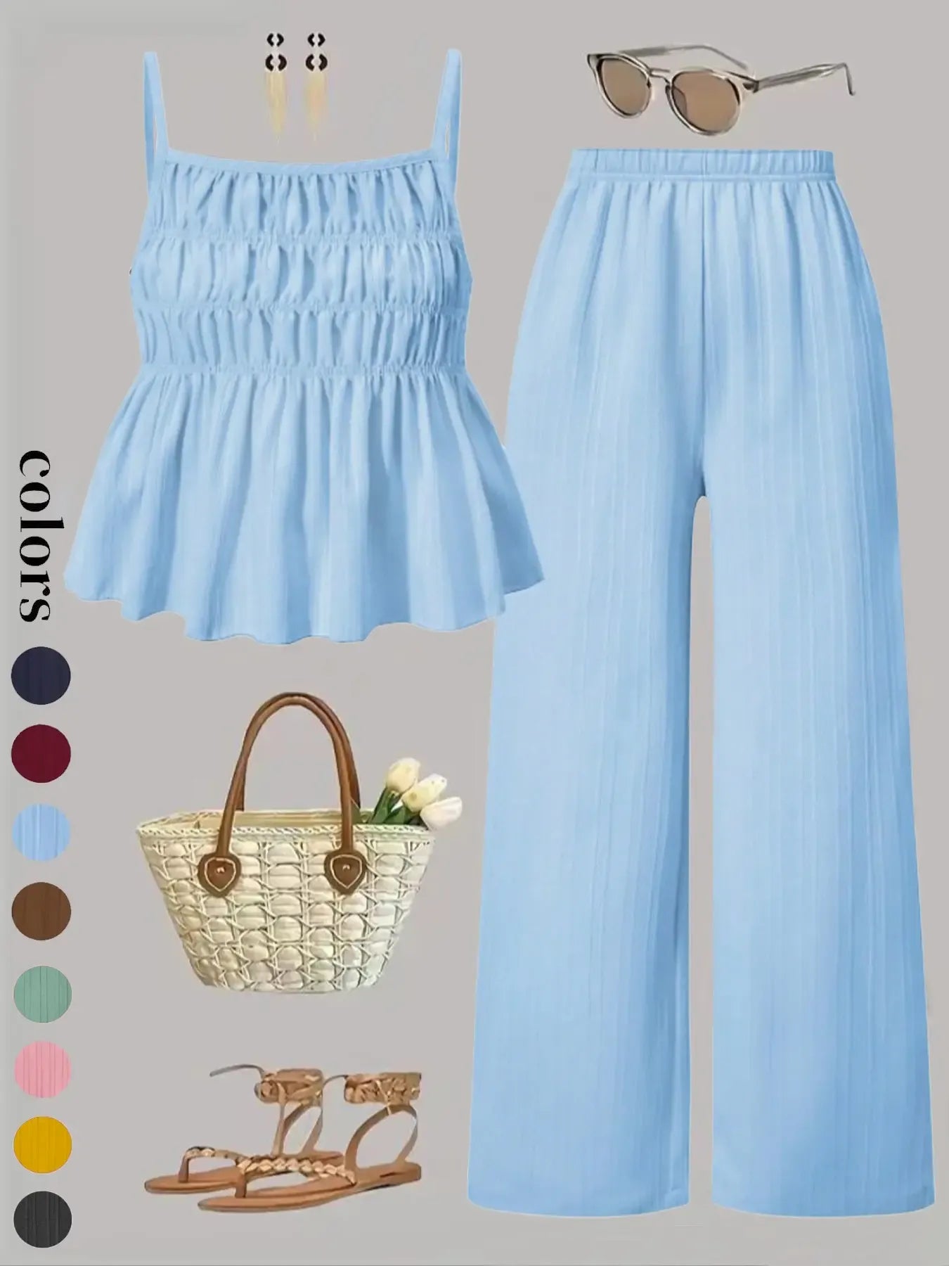 Two-Piece Set Women's Solid Color Cami Top & Wide Leg Pants Set, Street Fashion Casual Outfits for Daily Outdoor Wear, Ladies Clothes for All Seasons