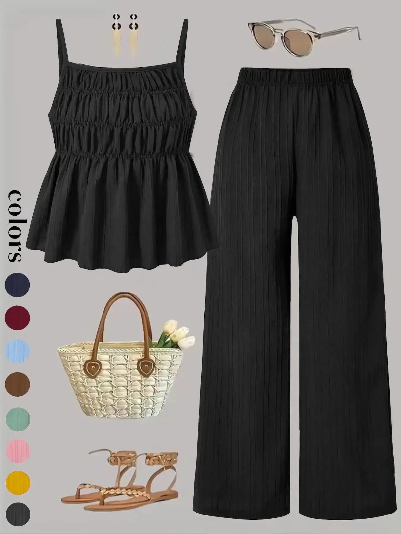 Two-Piece Set Women's Solid Color Cami Top & Wide Leg Pants Set, Street Fashion Casual Outfits for Daily Outdoor Wear, Ladies Clothes for All Seasons