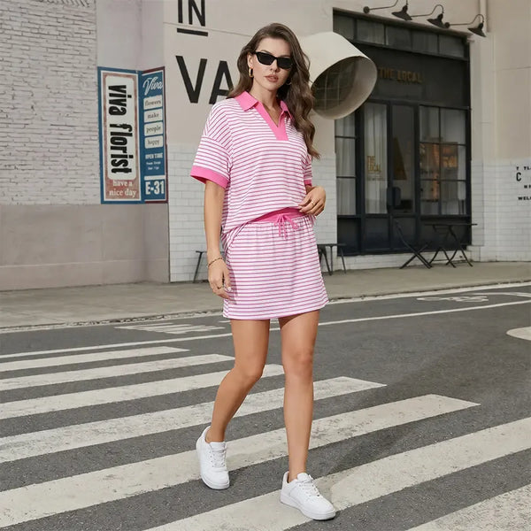 Chicovar Striped 2 Piece Outfits Casual Set  Short Sleeve V-Neck Polo Skort with Built-in Shorts & Pockets, Adjustable Waist, Stretchy & Comfortable, Lounge Sets, Athleisure, Comfyoutfit, Summervibes