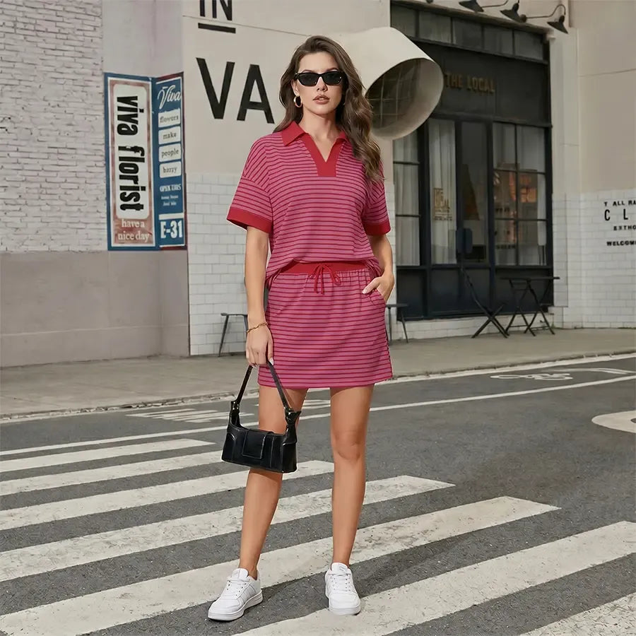 Chicovar Striped 2 Piece Outfits Casual Set  Short Sleeve V-Neck Polo Skort with Built-in Shorts & Pockets, Adjustable Waist, Stretchy & Comfortable, Lounge Sets, Athleisure, Comfyoutfit, Summervibes
