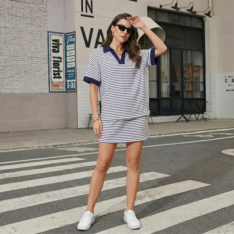 Chicovar Striped 2 Piece Outfits Casual Set  Short Sleeve V-Neck Polo Skort with Built-in Shorts & Pockets, Adjustable Waist, Stretchy & Comfortable, Lounge Sets, Athleisure, Comfyoutfit, Summervibes
