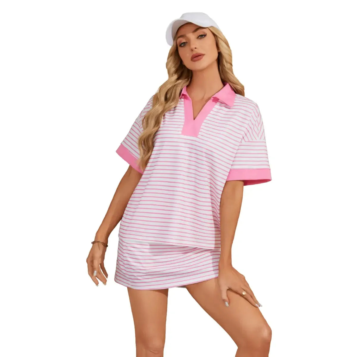 Chicovar Striped 2 Piece Outfits Casual Set  Short Sleeve V-Neck Polo Skort with Built-in Shorts & Pockets, Adjustable Waist, Stretchy & Comfortable, Lounge Sets, Athleisure, Comfyoutfit, Summervibes