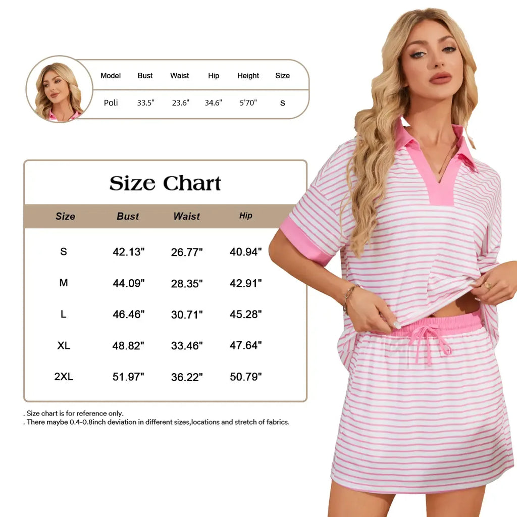 Chicovar Striped 2 Piece Outfits Casual Set  Short Sleeve V-Neck Polo Skort with Built-in Shorts & Pockets, Adjustable Waist, Stretchy & Comfortable, Lounge Sets, Athleisure, Comfyoutfit, Summervibes