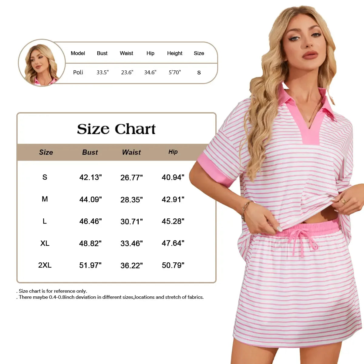 Chicovar Striped 2 Piece Outfits Casual Set  Short Sleeve V-Neck Polo Skort with Built-in Shorts & Pockets, Adjustable Waist, Stretchy & Comfortable, Lounge Sets, Athleisure, Comfyoutfit, Summervibes