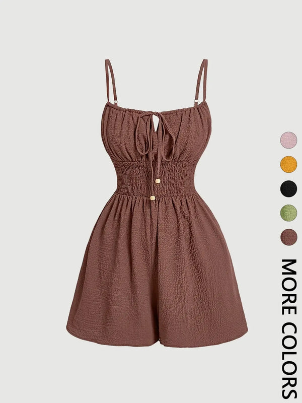 Women's Casual Solid Fitted Sleeveless Romper with Adjustable Front Tie and Elastic Waist, Stylish Jumpsuit for Summer, Trendy Fashion Clothes for Ladies