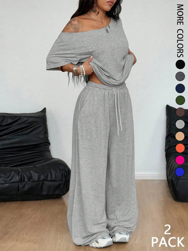 2pcs/Set Women's Minimalist Basic Casual Daily Wear Everyday Going Out Sport Comfortable Off Shoulder T-Shirt And Wide Leg Pants Two Pieces Outfits