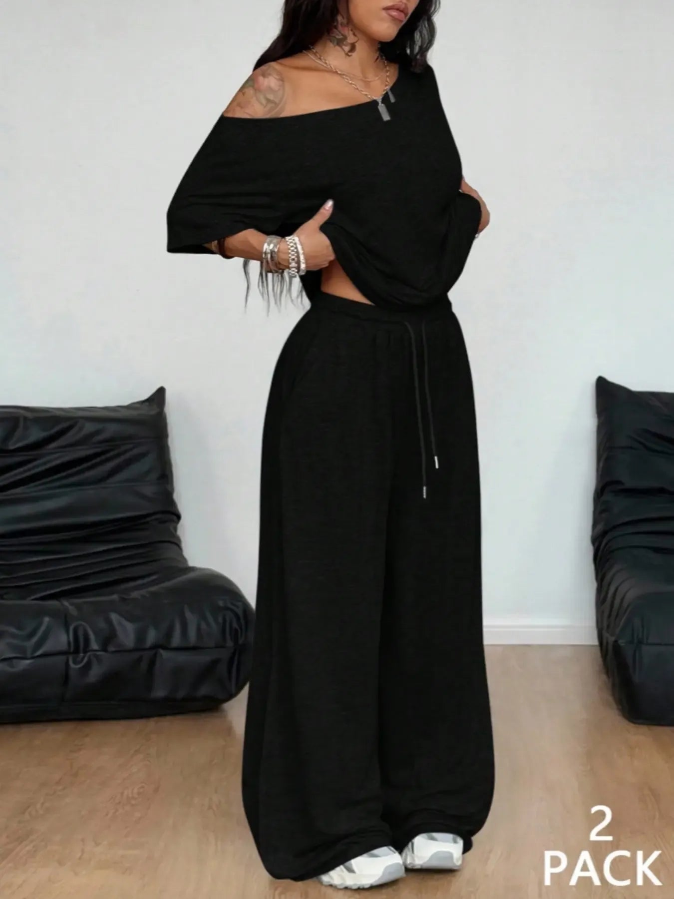 2pcs/Set Women's Minimalist Basic Casual Daily Wear Everyday Going Out Sport Comfortable Off Shoulder T-Shirt And Wide Leg Pants Two Pieces Outfits