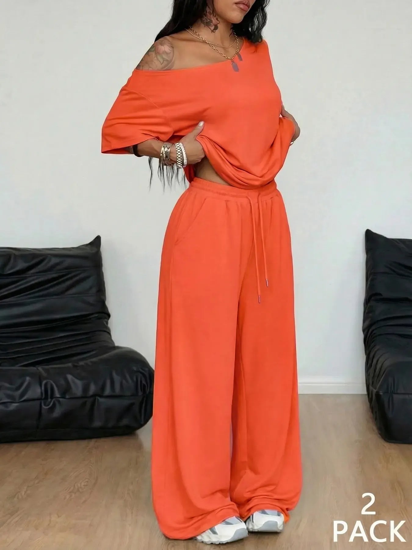 2pcs/Set Women's Minimalist Basic Casual Daily Wear Everyday Going Out Sport Comfortable Off Shoulder T-Shirt And Wide Leg Pants Two Pieces Outfits