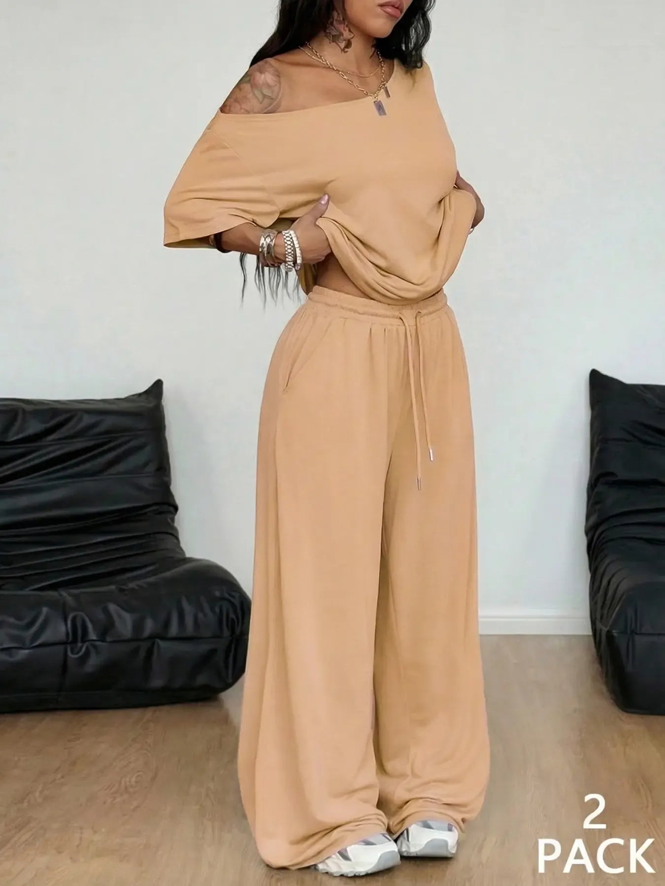2pcs/Set Women's Minimalist Basic Casual Daily Wear Everyday Going Out Sport Comfortable Off Shoulder T-Shirt And Wide Leg Pants Two Pieces Outfits