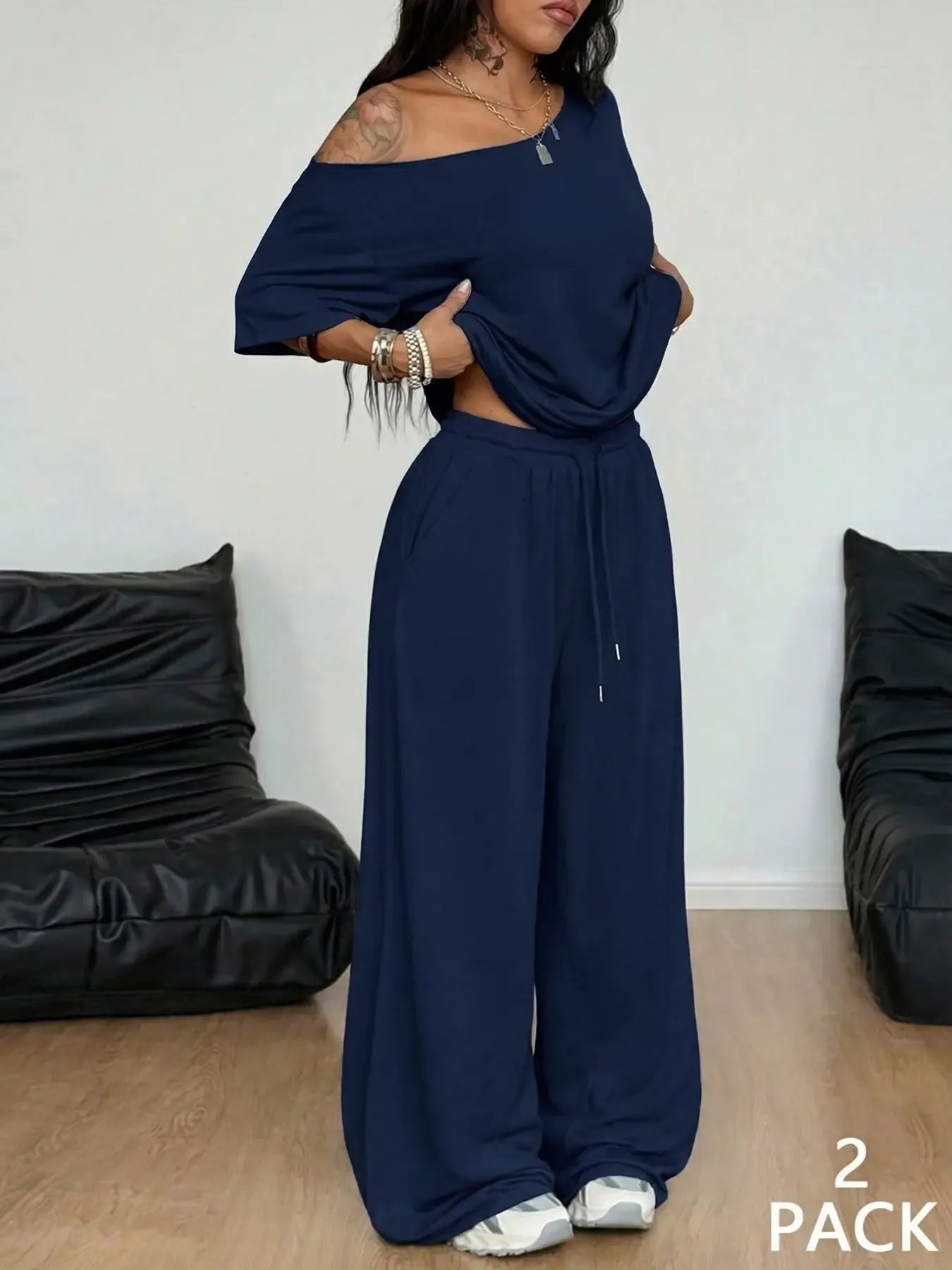 2pcs/Set Women's Minimalist Basic Casual Daily Wear Everyday Going Out Sport Comfortable Off Shoulder T-Shirt And Wide Leg Pants Two Pieces Outfits