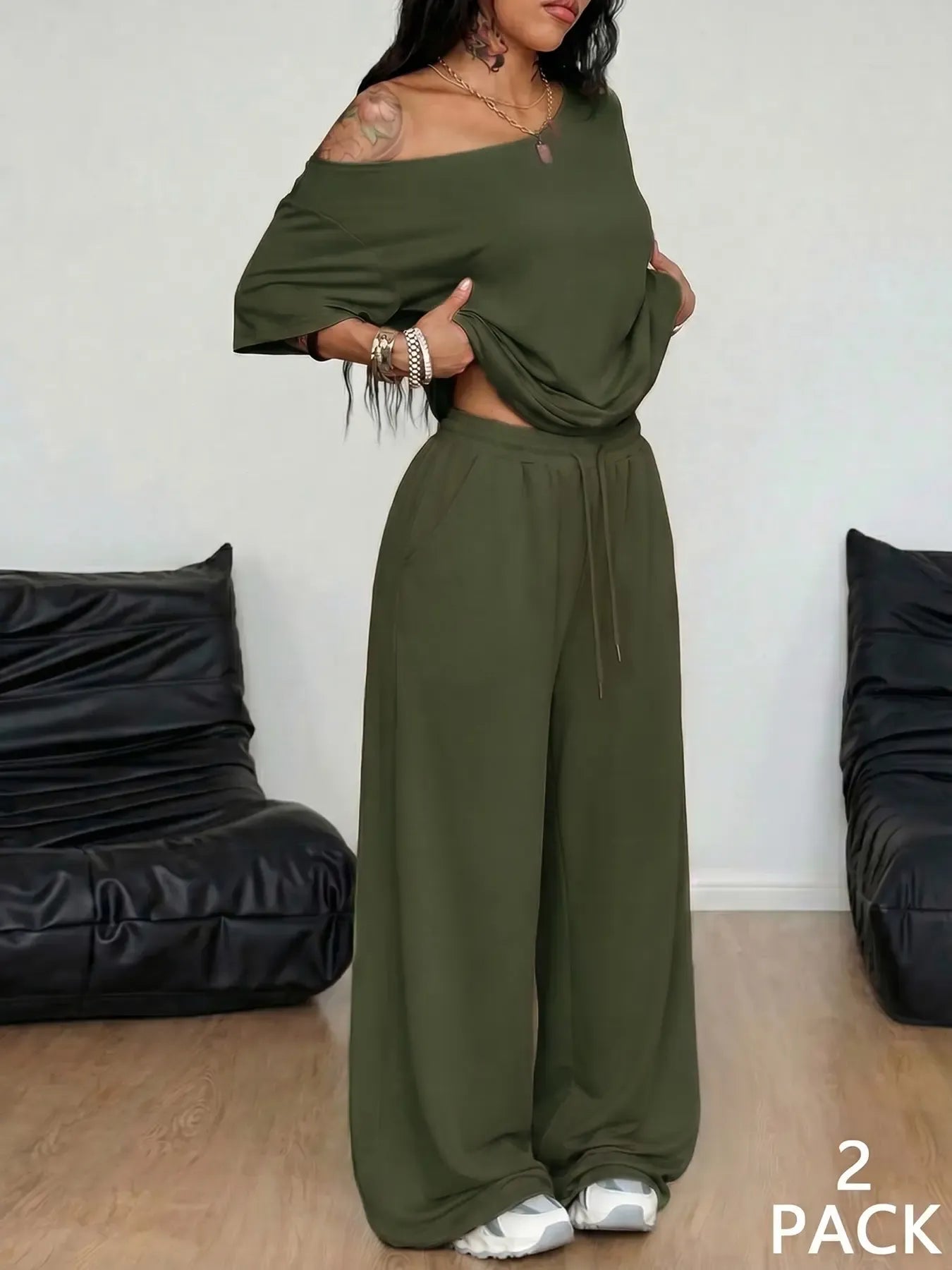 2pcs/Set Women's Minimalist Basic Casual Daily Wear Everyday Going Out Sport Comfortable Off Shoulder T-Shirt And Wide Leg Pants Two Pieces Outfits