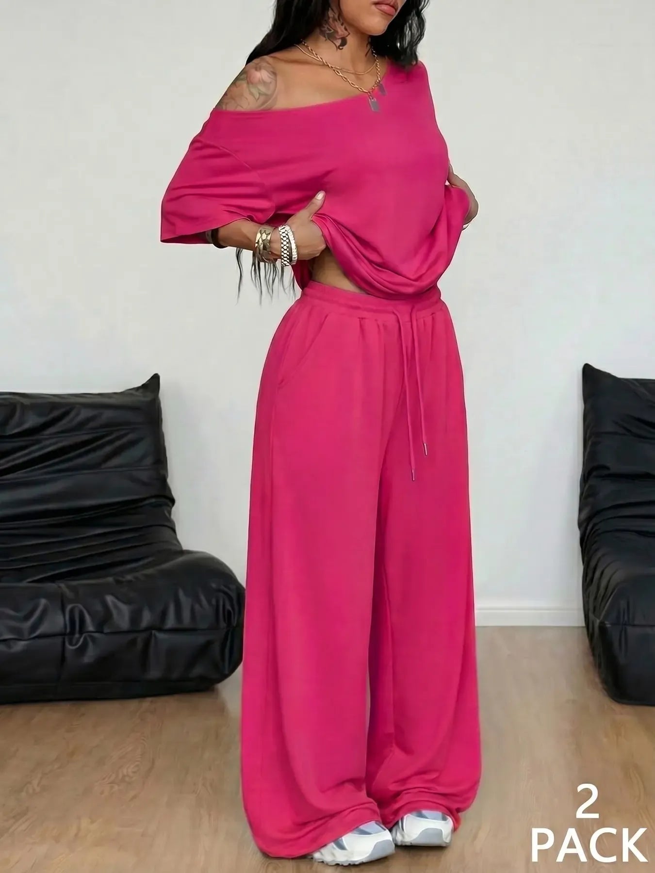 2pcs/Set Women's Minimalist Basic Casual Daily Wear Everyday Going Out Sport Comfortable Off Shoulder T-Shirt And Wide Leg Pants Two Pieces Outfits