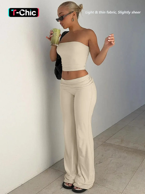 Two-Piece Set Women's Solid Basic Crop Strapless Fitted Tube Top & Foldover Waist Flare Leg Pants, Everyday Casual Fashion Cozy Fabric Outfits for Daily Outdoor Wear, Ladies Clothes for Summer