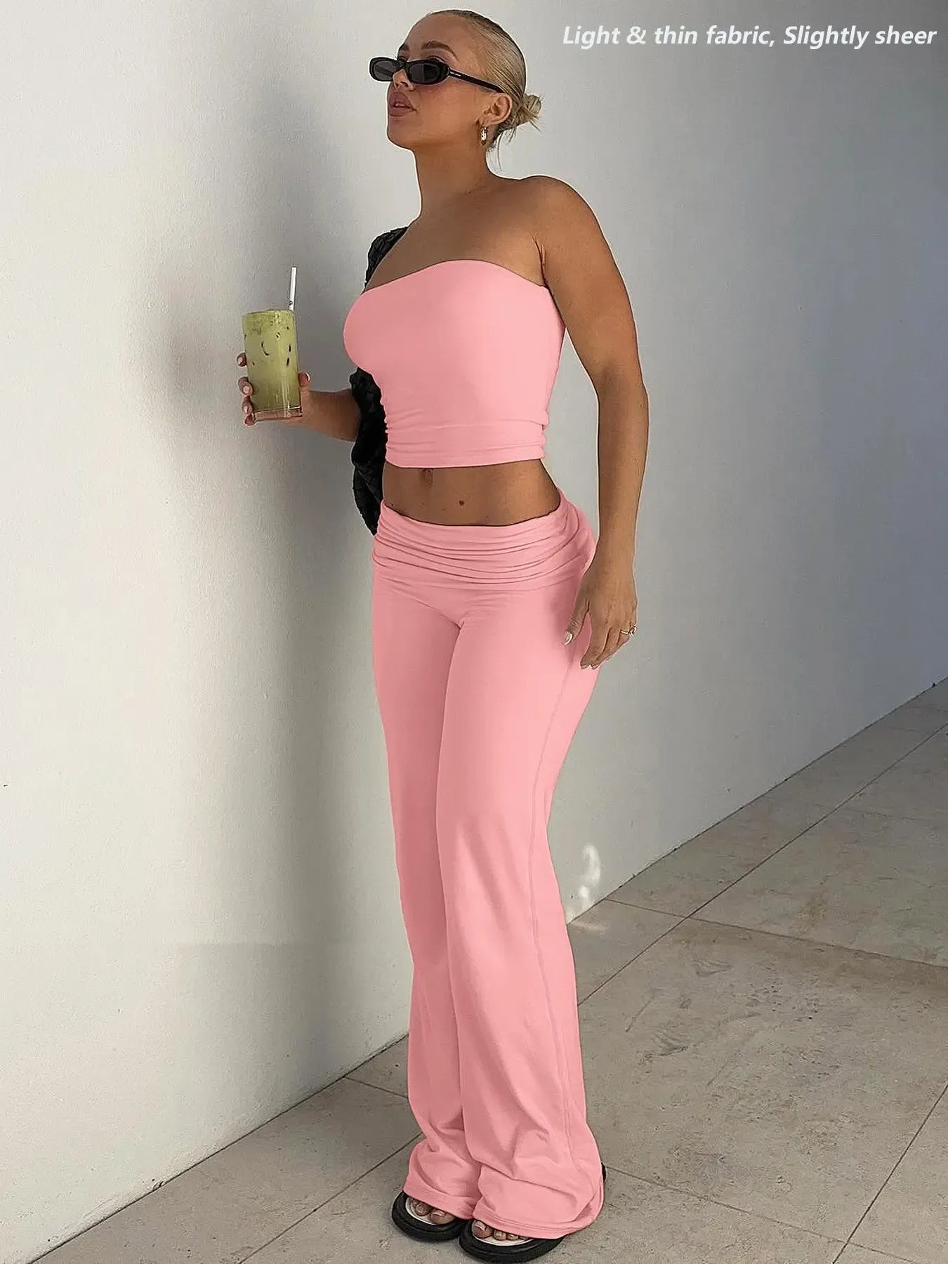 Two-Piece Set Women's Solid Basic Crop Strapless Fitted Tube Top & Foldover Waist Flare Leg Pants, Everyday Casual Fashion Cozy Fabric Outfits for Daily Outdoor Wear, Ladies Clothes for Summer