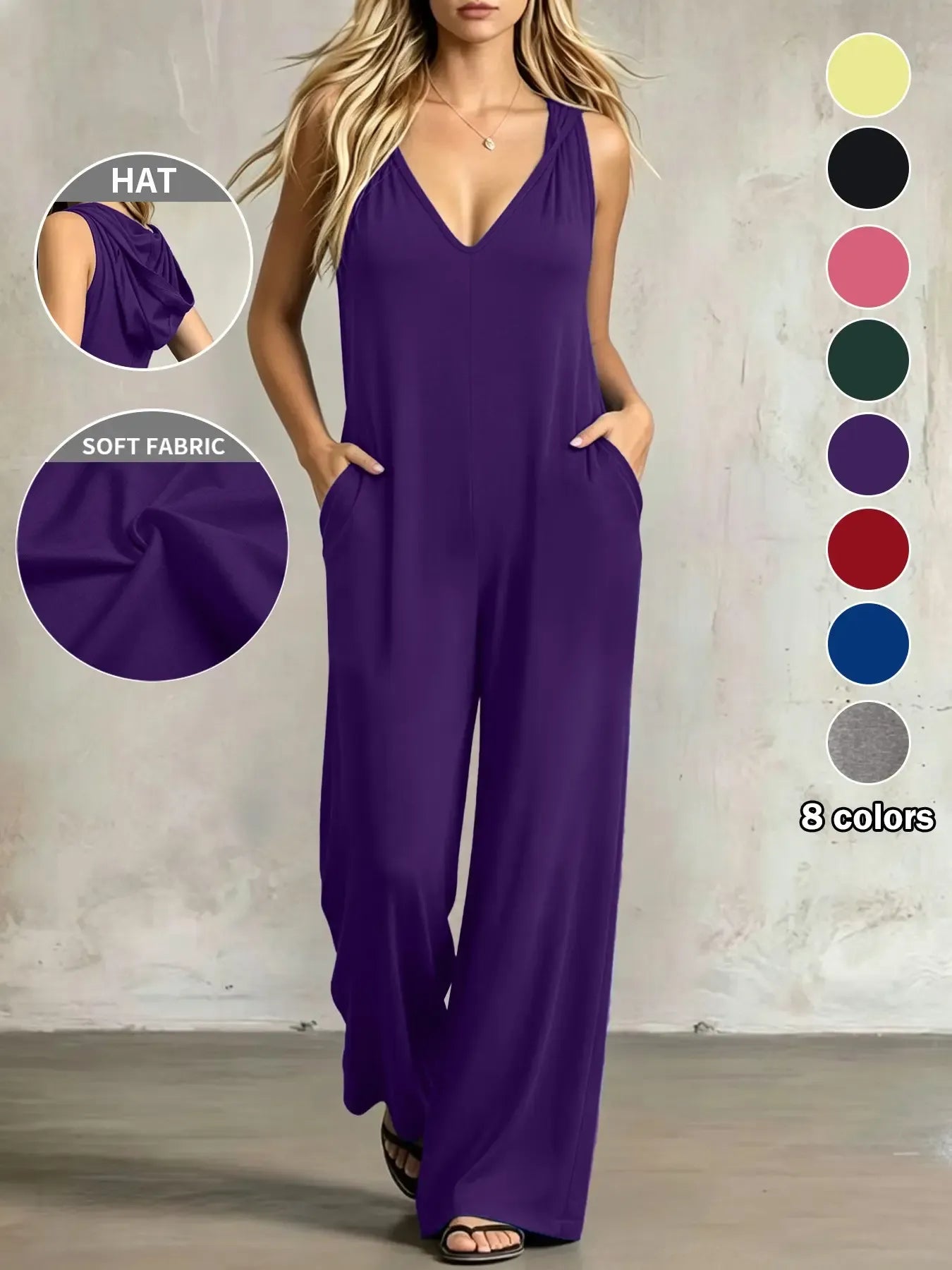 Plus Size Women's Minimalist V-Neck One-Piece with Pockets, 8 Colors Available, Casual Comfort Sleeveless Jumpsuit, Ideal for Daily Wear and Home