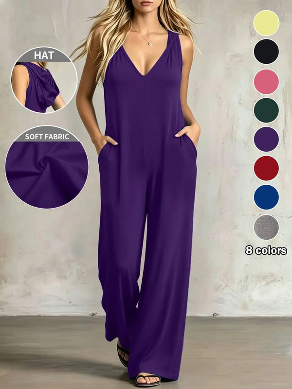 Plus Size Women's Minimalist V-Neck One-Piece with Pockets, 8 Colors Available, Casual Comfort Sleeveless Jumpsuit, Ideal for Daily Wear and Home
