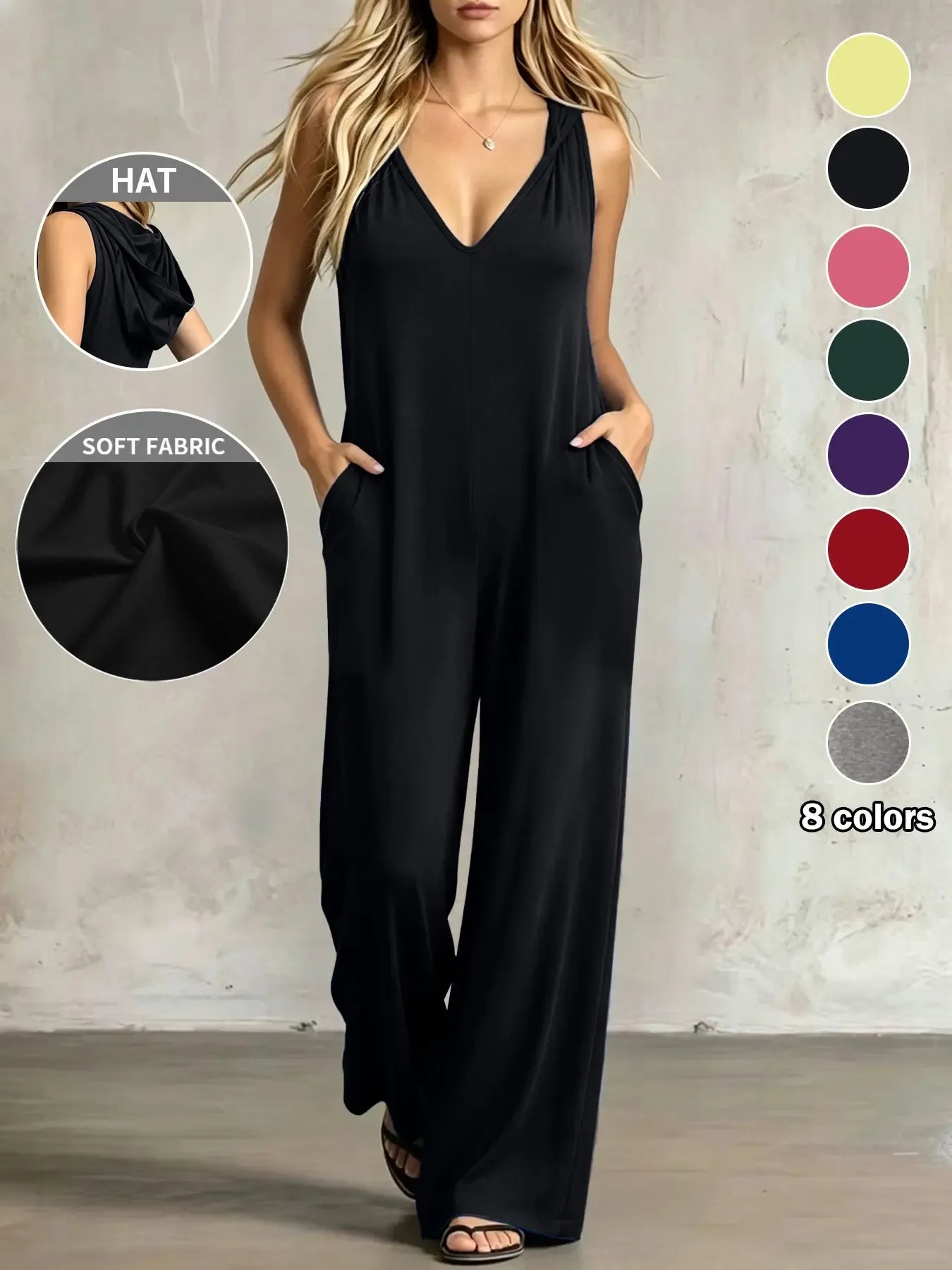 Plus Size Women's Minimalist V-Neck One-Piece with Pockets, 8 Colors Available, Casual Comfort Sleeveless Jumpsuit, Ideal for Daily Wear and Home