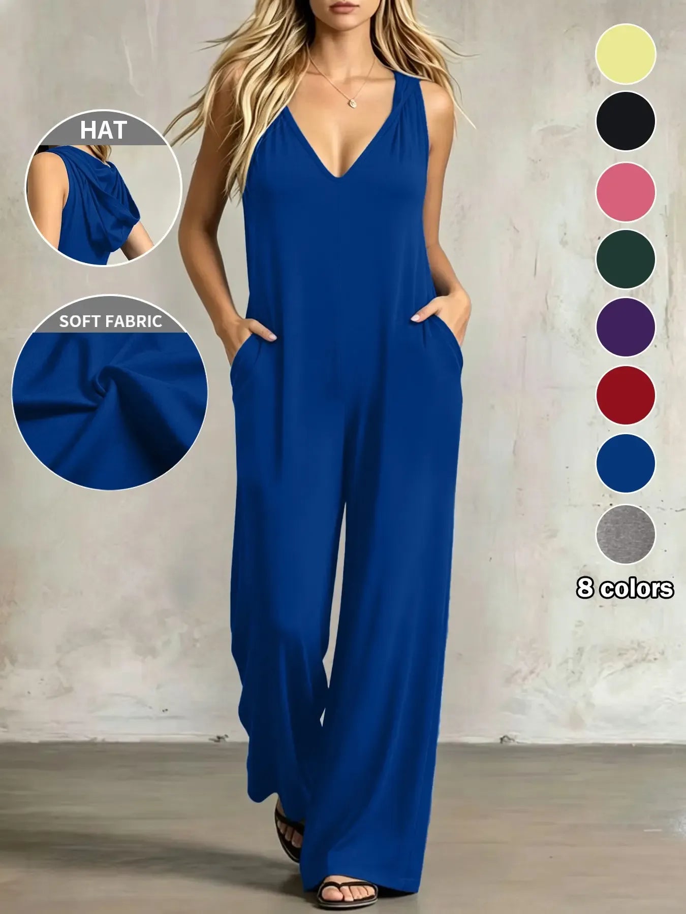Plus Size Women's Minimalist V-Neck One-Piece with Pockets, 8 Colors Available, Casual Comfort Sleeveless Jumpsuit, Ideal for Daily Wear and Home