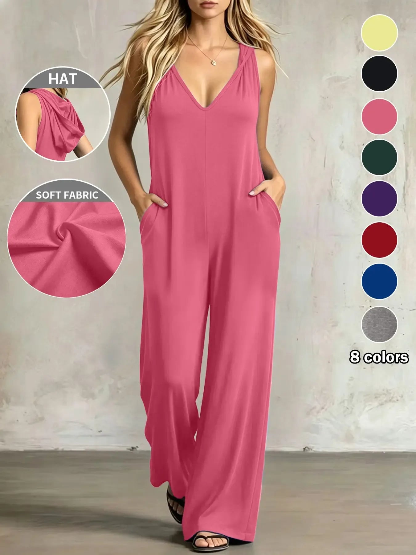Plus Size Women's Minimalist V-Neck One-Piece with Pockets, 8 Colors Available, Casual Comfort Sleeveless Jumpsuit, Ideal for Daily Wear and Home