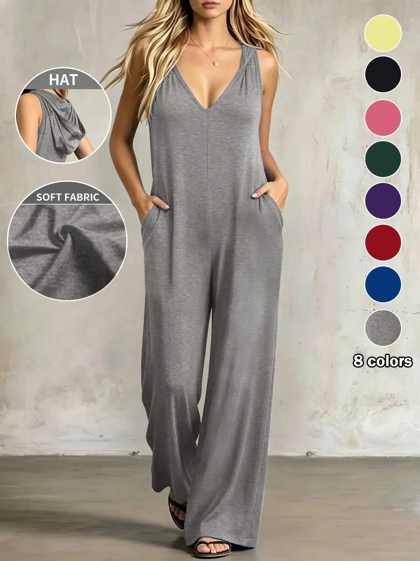 Plus Size Women's Minimalist V-Neck One-Piece with Pockets, 8 Colors Available, Casual Comfort Sleeveless Jumpsuit, Ideal for Daily Wear and Home