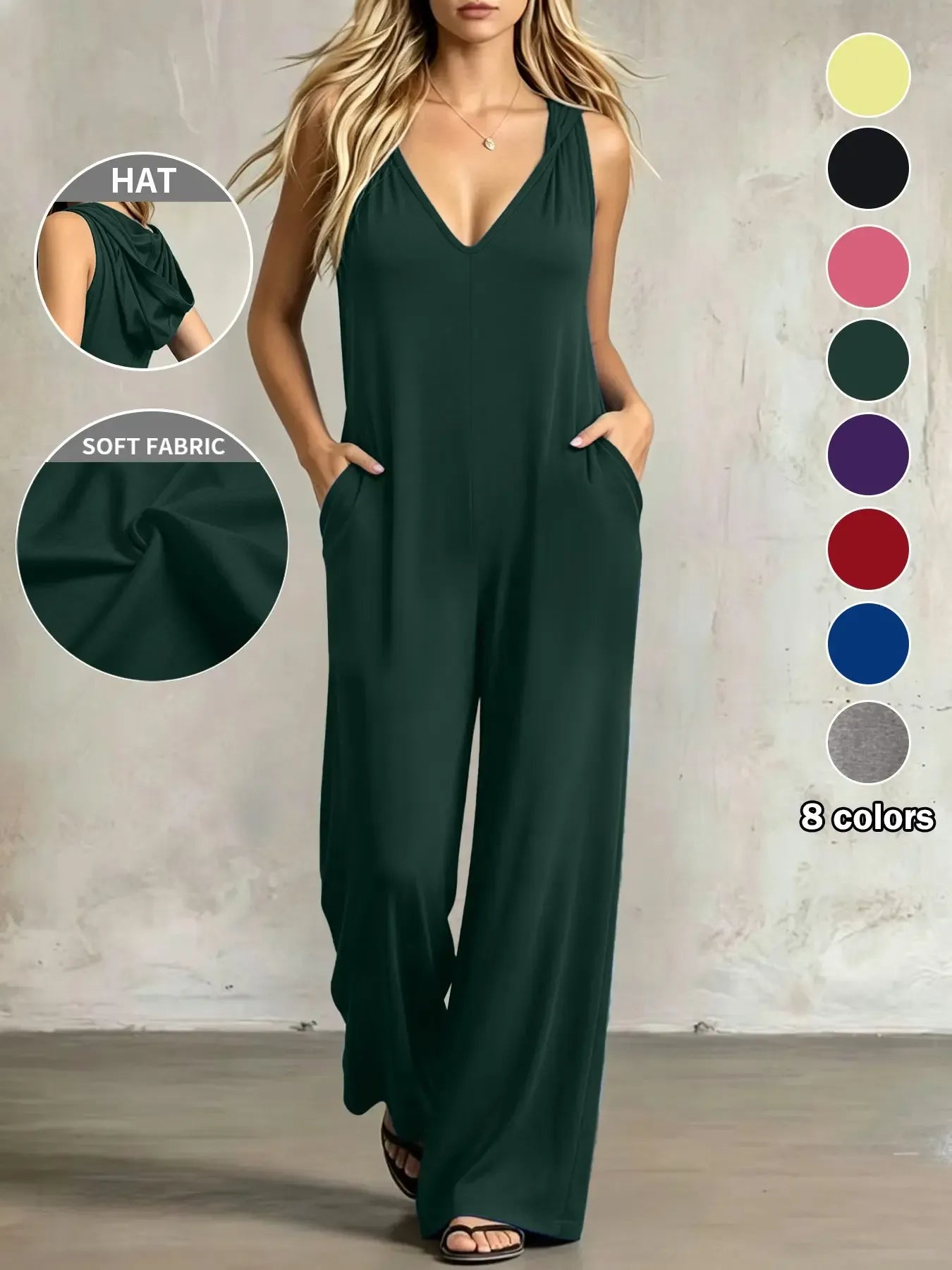 Plus Size Women's Minimalist V-Neck One-Piece with Pockets, 8 Colors Available, Casual Comfort Sleeveless Jumpsuit, Ideal for Daily Wear and Home