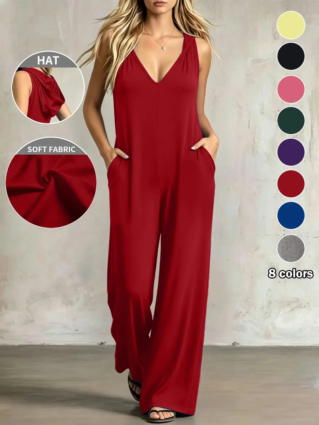 Plus Size Women's Minimalist V-Neck One-Piece with Pockets, 8 Colors Available, Casual Comfort Sleeveless Jumpsuit, Ideal for Daily Wear and Home
