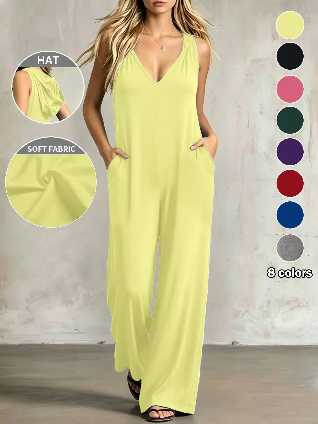 Plus Size Women's Minimalist V-Neck One-Piece with Pockets, 8 Colors Available, Casual Comfort Sleeveless Jumpsuit, Ideal for Daily Wear and Home