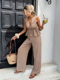 Women's Striped Tie-Waist Sleeveless Shirt Blouse Set, Long Pants Casual Two-Piece, Vintage Bohemian Elegance Style, Commuter Wear