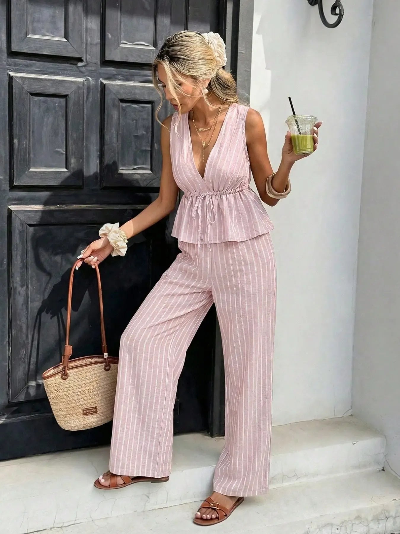 Women's Striped Tie-Waist Sleeveless Shirt Blouse Set, Long Pants Casual Two-Piece, Vintage Bohemian Elegance Style, Commuter Wear
