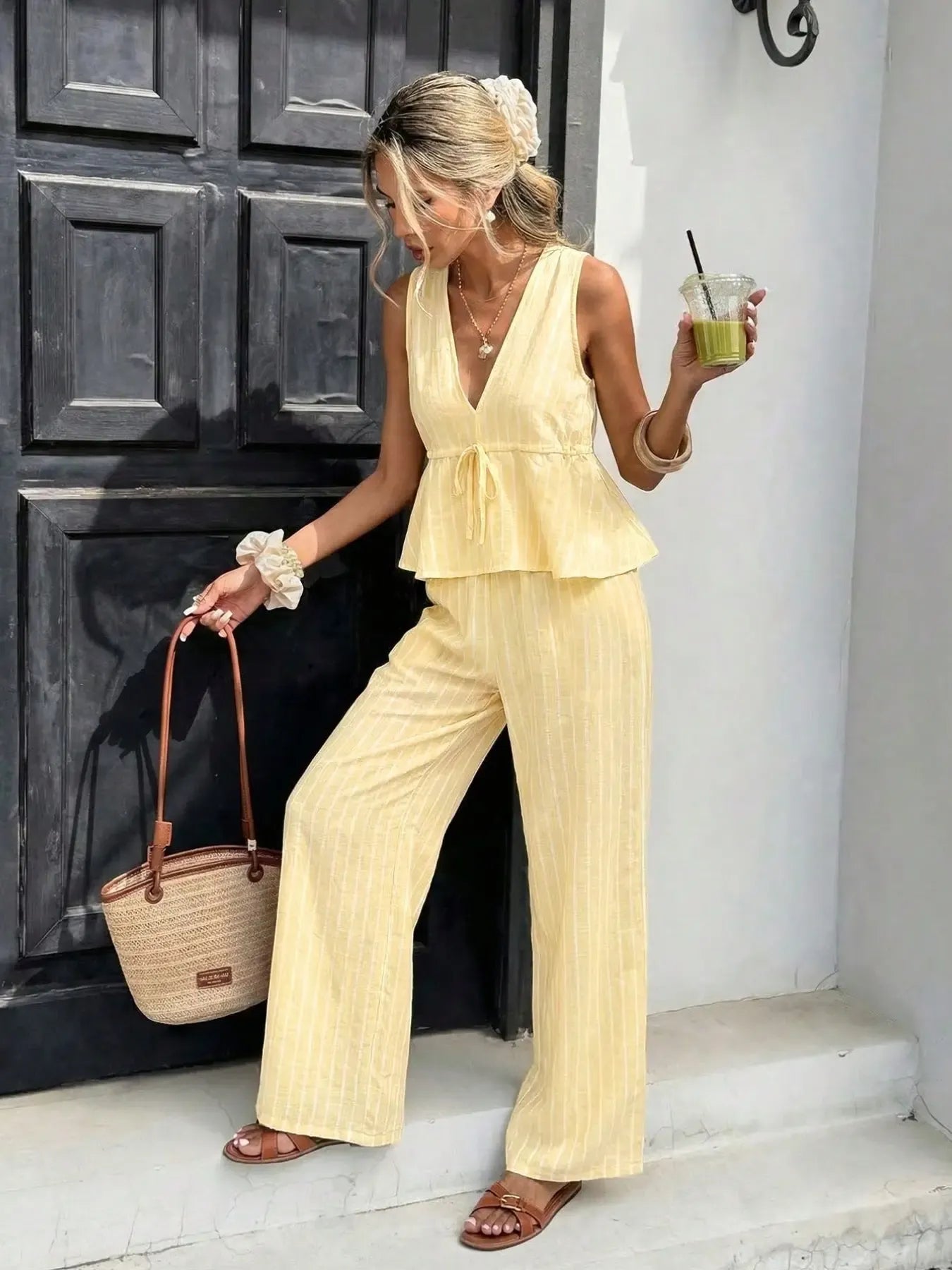 Women's Striped Tie-Waist Sleeveless Shirt Blouse Set, Long Pants Casual Two-Piece, Vintage Bohemian Elegance Style, Commuter Wear