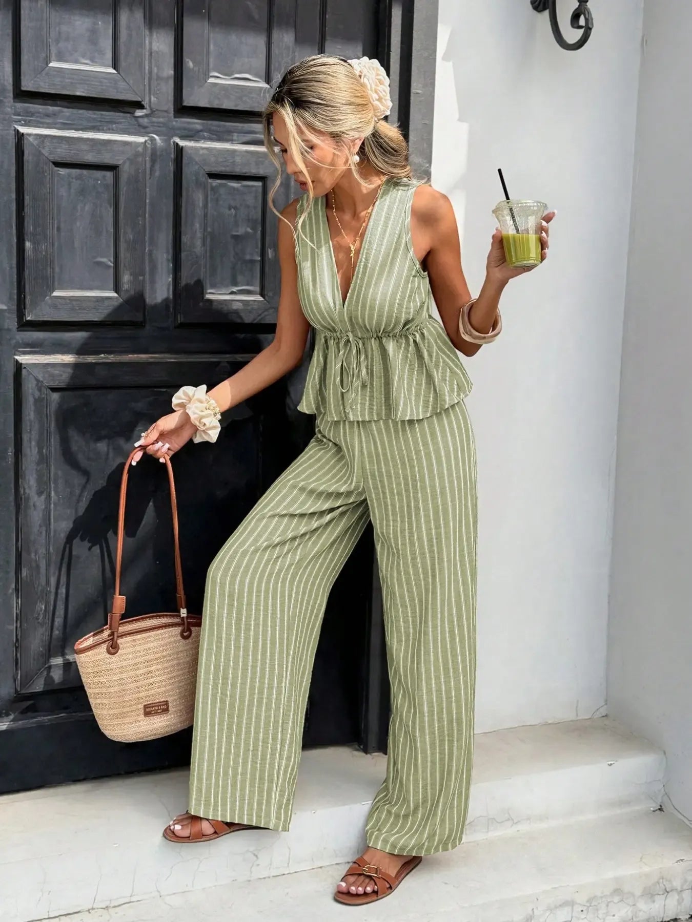 Women's Striped Tie-Waist Sleeveless Shirt Blouse Set, Long Pants Casual Two-Piece, Vintage Bohemian Elegance Style, Commuter Wear