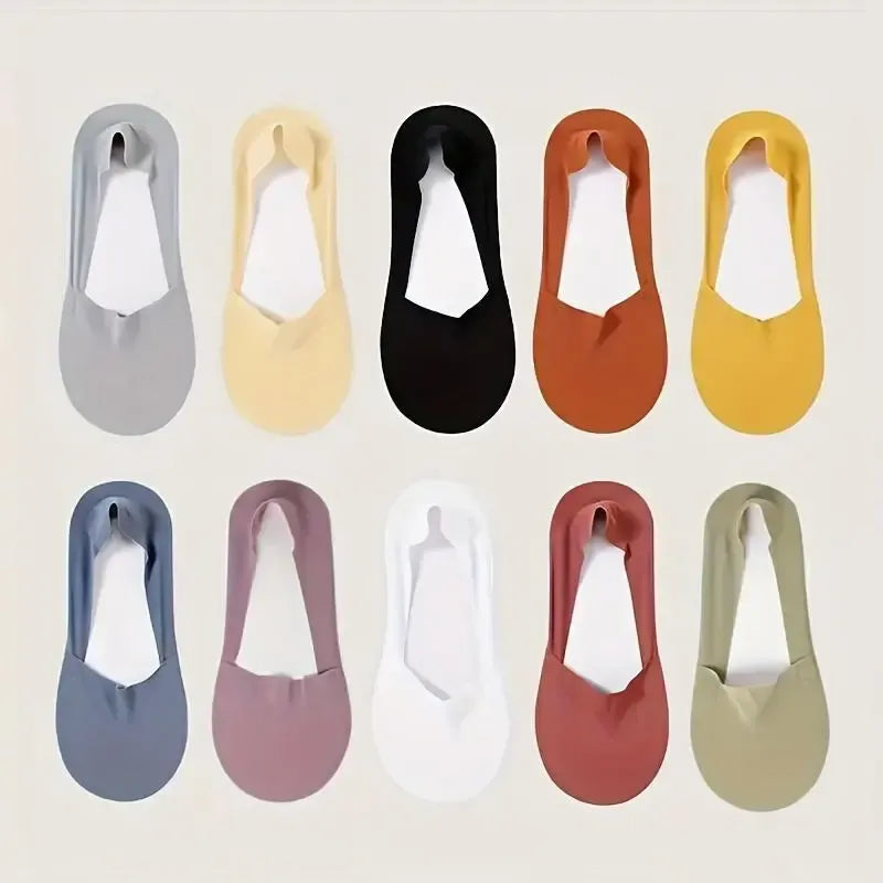 10 Pairs of Women's Invisible Socks - Comfortable, breathable, and sweat-wicking ankle socks with cushioned soles and silicone anti-slip design for enhanced traction and stability. The perfect choice for casual outfits.